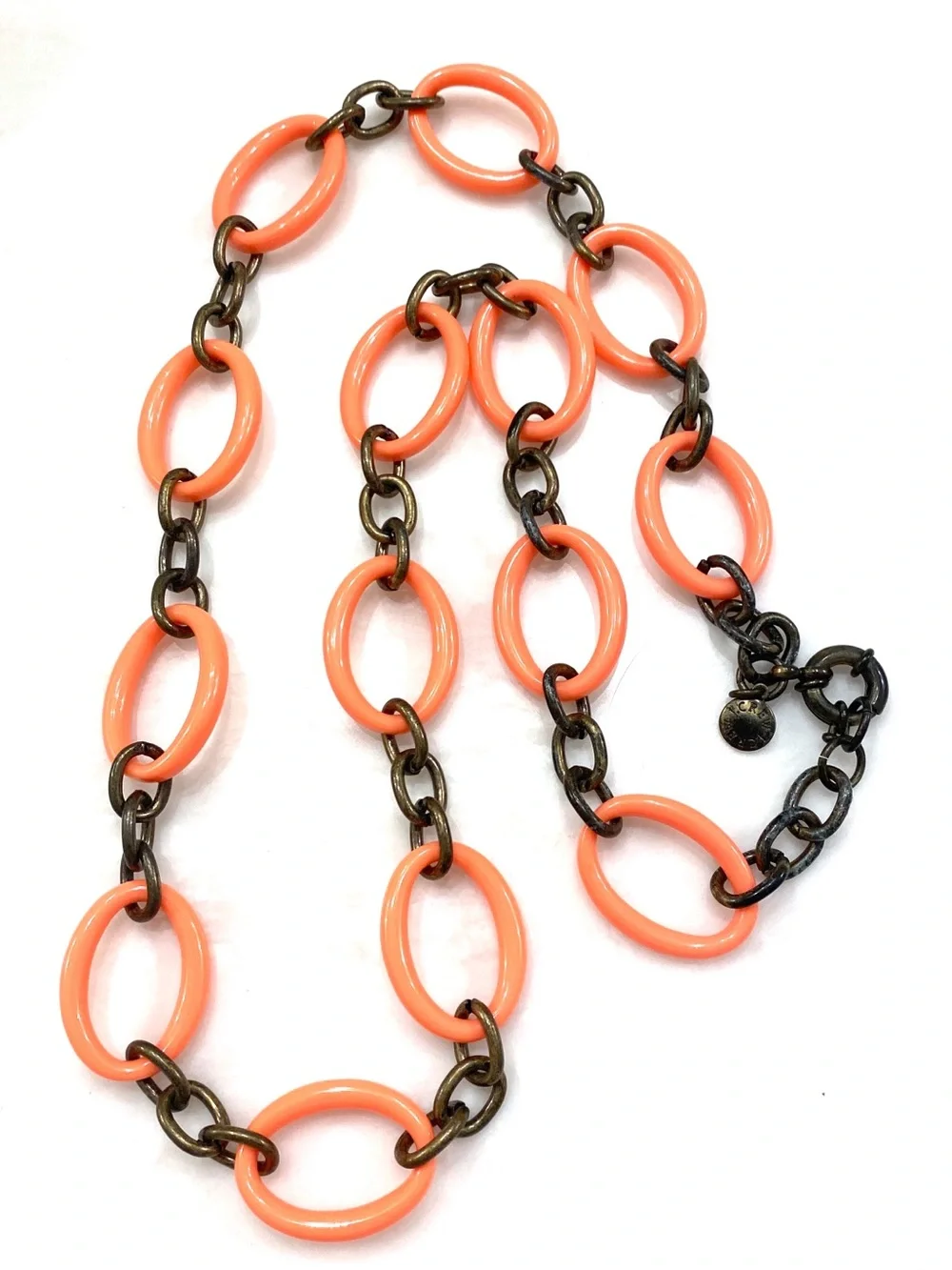 Vintage J. Crew Neon Coral Link Necklace with Brass Chain